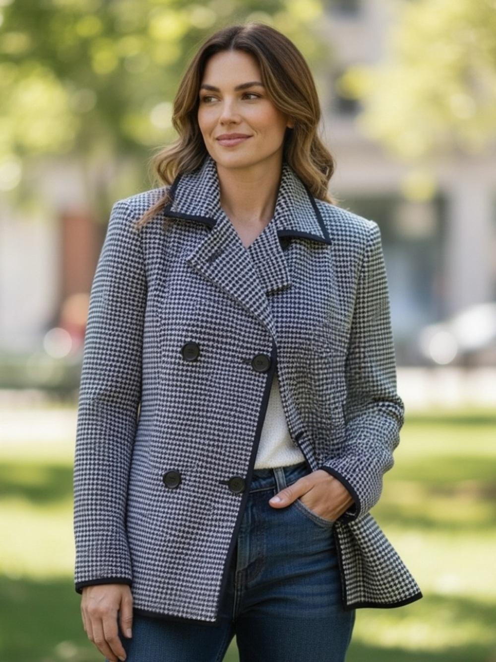 Talbots Black & White Houndstooth Wool Silk Blend Double-Breasted Blazer Size 12